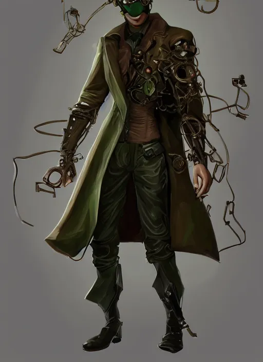 Image similar to a highly detailed illustration of thick wavy brown haired young white guy wearing brown detective trench coat and wearing dark green mask, with many long mechanical arms on his back, dramatic standing pose, intricate, elegant, highly detailed, centered, digital painting, artstation, concept art, smooth, sharp focus, league of legends concept art, WLOP