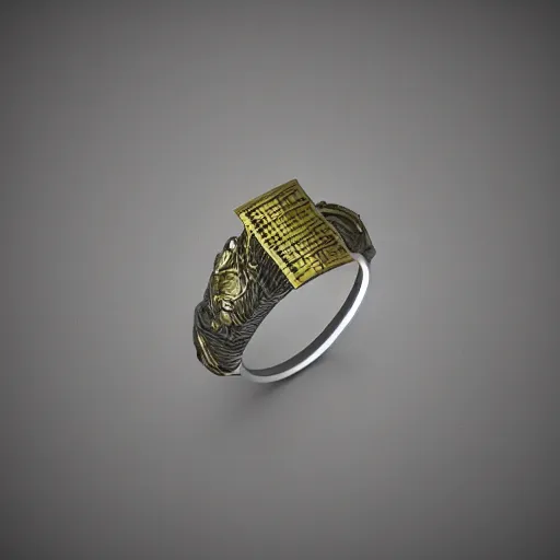 Image similar to the ring from lord if the rings with an imprinted ruler, cm scale imprinted on the inside of the ring, one ring to rule them all, highly detailed, 8 k, trending on artstation, mystic, rpg artwork