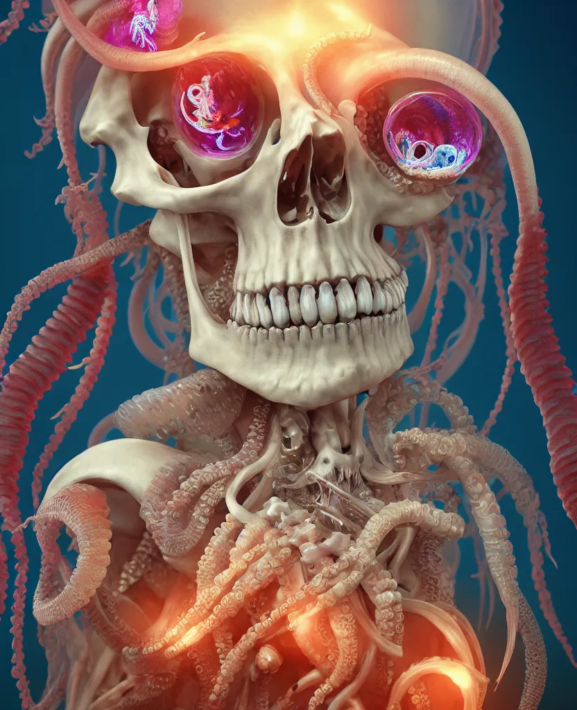 Image similar to goddess close - up portrait human skeleton, ram skull, squid phoenix jellyfish, orchid, betta fish, bioluminiscent, intricate artwork by tooth wu and wlop and beeple. octane render, trending on artstation, greg rutkowski very coherent symmetrical artwork. cinematic, hyper realism, high detail, octane render, 8 k