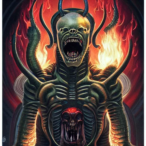 Image similar to doom giger alien demon portrait in hell, fire and flame , Pixar style, by Tristan Eaton Stanley Artgerm and Tom Bagshaw.