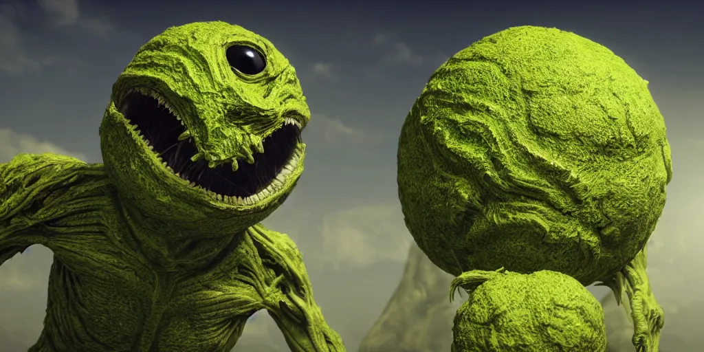 Image similar to a photo of 8 k ultra realistic tennis ball monster, tennis ball monsters, alien exotic, cinematic lighting, trending on artstation, 4 k, hyperrealistic, focused, high details, unreal engine 5, cinematic, alien planet atmosphere in background, 3 d render by basil gogos