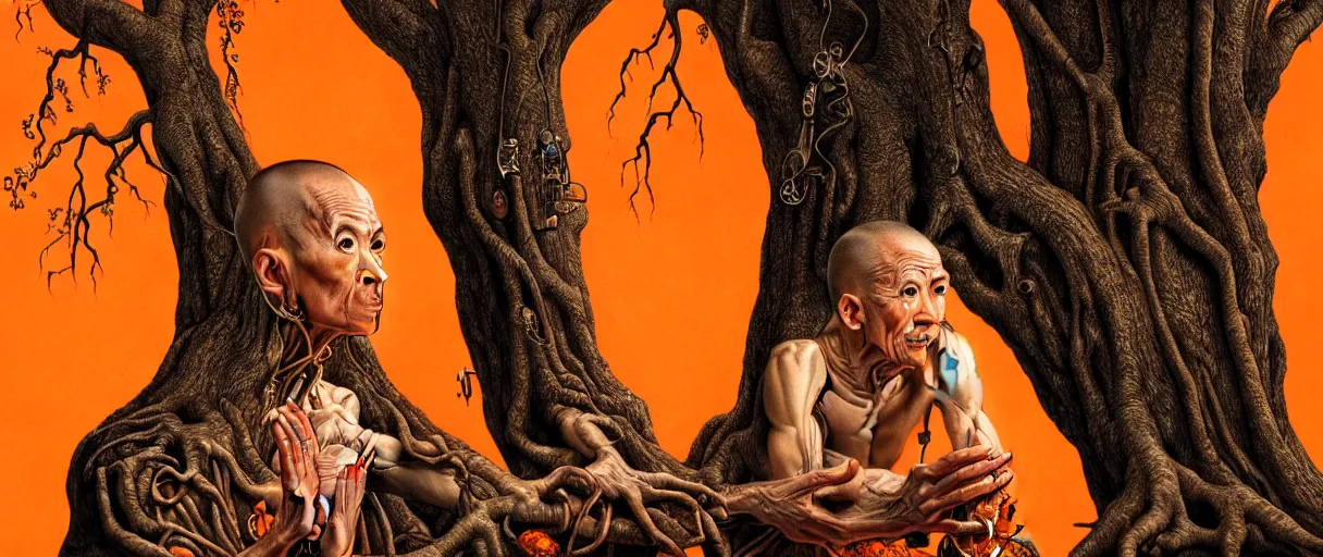 Prompt: hyperrealistic hyper detailed baroque 35mm portrait of cyborg monk praying to a giant oak tree matte painting concept art dali hannah yata very dramatic orange lighting low angle hd 8k sharp shallow depth of field