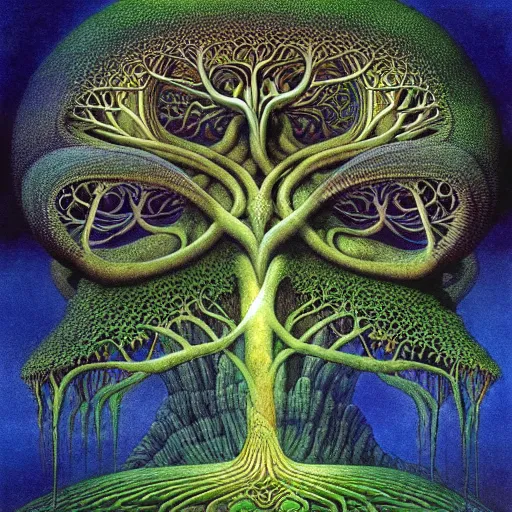 Image similar to sacred ancient ancestral mulberry tree by roger dean and andrew ferez, art forms of nature by ernst haeckel, divine chaos engine, symbolist, visionary, art nouveau, botanical fractal structures, tree of life, lightning, detailed, realistic, surreality