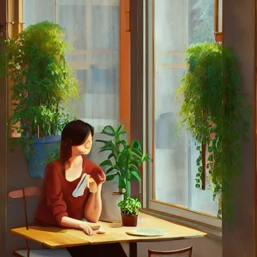 Image similar to a cozy cute cafe with a window and plants, a young pretty filipino woman sits with an espresso, golden morning light, dramatic light, happy cozy feelings, oil painting trending on artstation