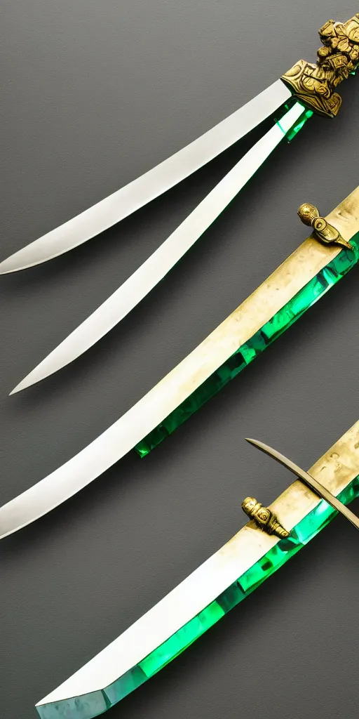 Image similar to photograph of a wide green and teal crystal double - edged sword blade attached to a big gold sword hilt