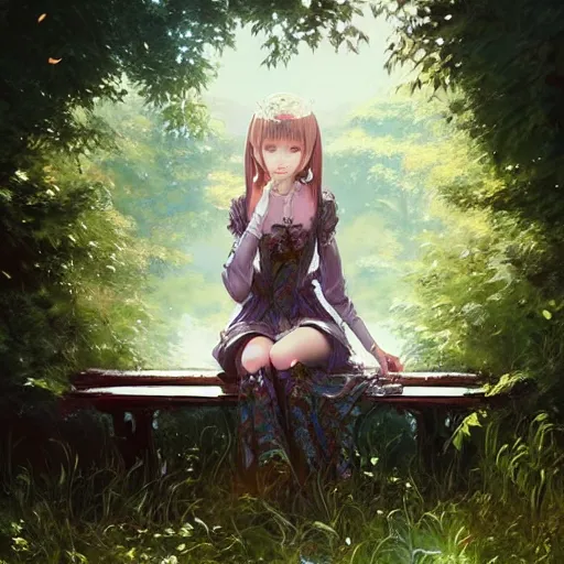 Image similar to beautiful young girl in intricate clothing, sitting on a bench of an overgrown abandoned castle, reflections, very high intricate details, painting, digital anime art, medium shot, mid - shot, wlop, ilya kuvshinov, artgerm, krenz cushart, greg rutkowski, sana takeda