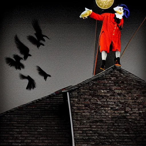 Prompt: A clown on the roof of the church playing with crows, futurist, digital art, dramatic lighting, symbolic