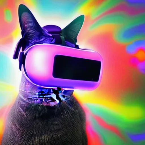 Prompt: a cat wearing a VR headset, trippy colors