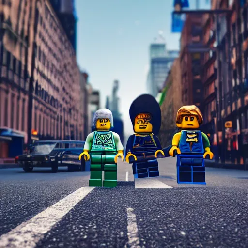 Image similar to hyperrealistic giant enormous lego minifigure walking over city street, street view, epic lighting, composition, view from ground, buildings, cars, sky, road, hd, hyperrealistic