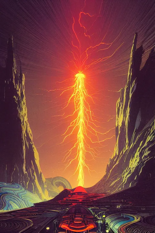 Image similar to artwork by kilian eng and toshi yoshida and franklin booth showing a futuristic powerstation!! in front of a ( ( exploding volcano ) ), vintage scifi, high details, dramatic lightning,, 8 k