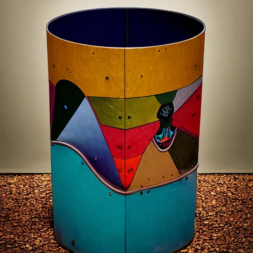 Prompt: garbage can, by diego rivera, by takashi murakami, unreal engine, hyperspectral imaging, dslr, shutter speed 1 / 2, kinemacolor, hyperprism, excited, angelic, good, chromatic aberration, crazy dmt trip