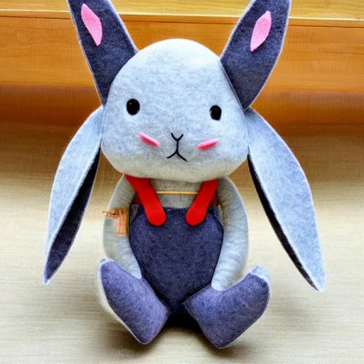 Image similar to a cute elegant felt plush doll of a rabbit wearing overalls