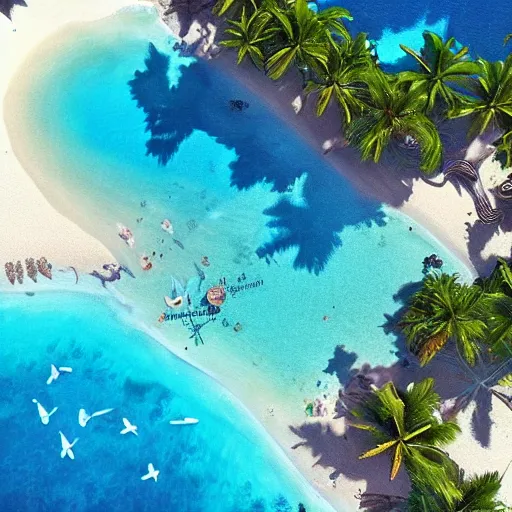 Image similar to laguna. clear blue water. sun shine. colourful birds. paradise. beach. palm trees. a hammock, 8 k, epic scene, scifi, unreal engine, trending on cg station. masterpiece.
