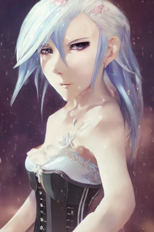 Image similar to anime girl with white hair wearing a corset, anime style, fantasy art, gorgeous face, digital drawing, by makoto shinkai, by wenjun lin