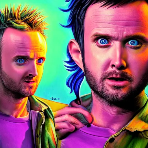 Prompt: a detailed painting of a demon poorly disguised as Aaron Paul by Junji ito and Lisa frank, vivid color scheme, artstation,8k,artstationHD,artstationHQ, cinematic, diffuse lighting