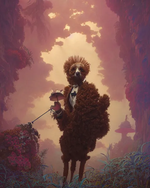 Prompt: highly detailed surreal vfx portrait of a rococopunk poodle, stephen bliss, unreal engine, greg rutkowski, loish, rhads, beeple, makoto shinkai and lois van baarle, ilya kuvshinov, rossdraws, tom bagshaw, alphonse mucha, global illumination, detailed and intricate environment