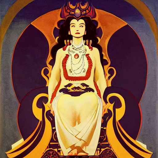 Image similar to an illustration of an ivory skin with dark curly hair queen on a throne, by nicholas roerich, by frank frazetta by georgia o keeffe by frederick william elwell, by hans emmenegger, by eyvind earle highly detailed, realistic, outline, line work, fantasy, oriental, stylised flat colors, animation