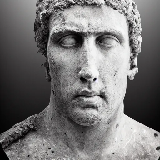 Image similar to Award-winning photograph by Mar Mann. The photo depicts a gray decaying roman bust of Nicolas Cage overgrown with moss at the bottom of the sea. Minimalism, high definition, perfect composition. Deep sea picture. Very dark. Volumetric Lighting. Fish. Darkness. Ruins