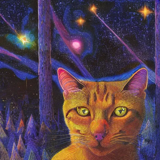 Image similar to psychedelic amber eyes cat eyes lush pine forest, outer space, milky way, designed by arnold bocklin, jules bastien - lepage, tarsila do amaral, wayne barlowe and gustave baumann, cheval michael, trending on artstation, star, sharp focus, colorful refracted sparkles and lines, soft light, 8 k 4 k