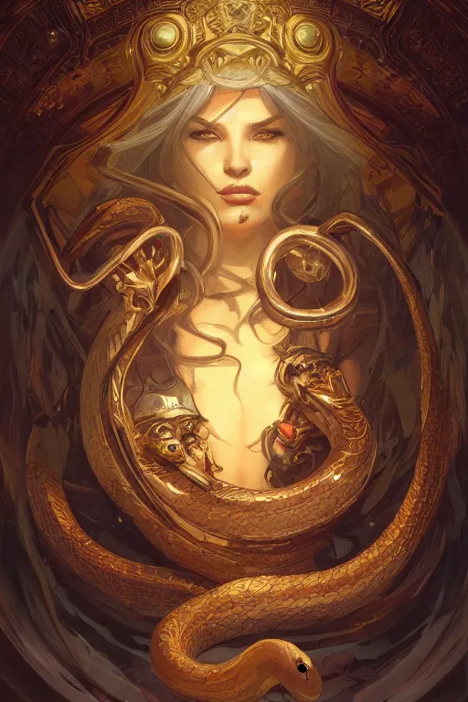 Image similar to snake king, treasure room, highly detailed, digital painting, artstation, concept art, smooth, sharp focus, illustration, art by artgerm and greg rutkowski and alphonse mucha and andrei riabovitchev