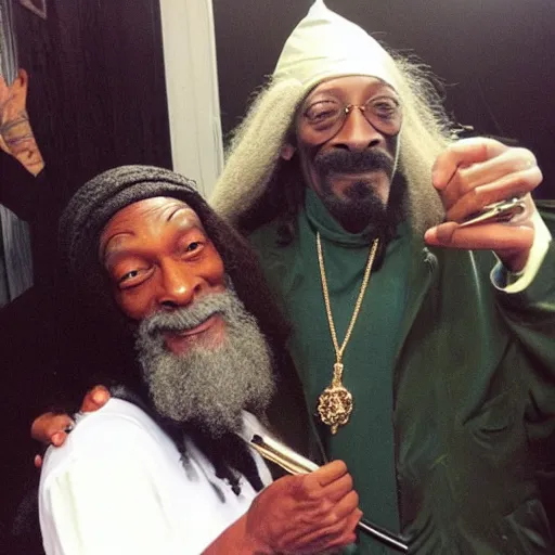 Prompt: gandalf and snoop dogg smoking weed smiling