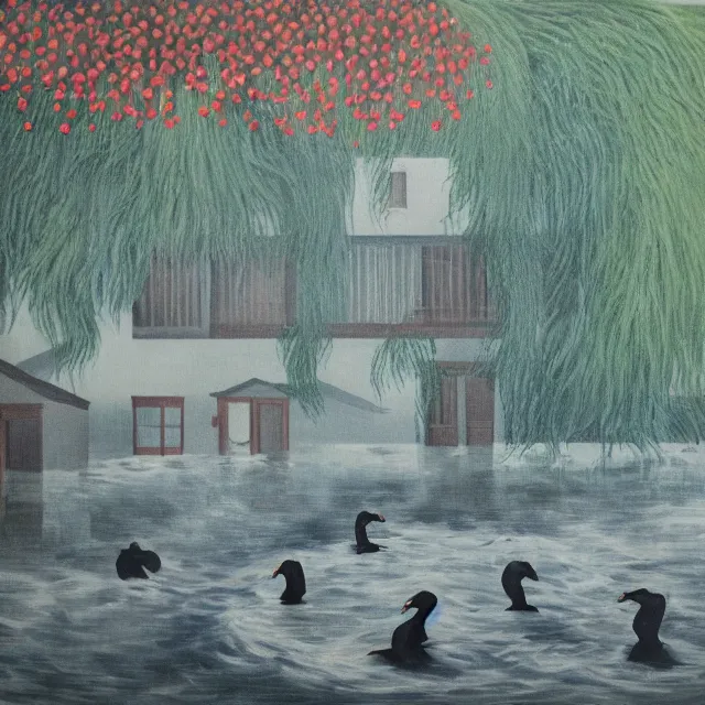 Image similar to painting of flood waters inside an apartment, taps with running water, tall female emo art student, a river flooding inside, tangelos, zen, pigs, ikebana, water, river, rapids, waterfall, black swans, canoe, pomegranate, berries dripping, acrylic on canvas, surrealist, by magritte and monet