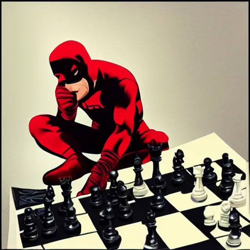 Image similar to painting of daredevil pondering next to a chess set, octane, painting by greg ruthowski, artstation, marvel