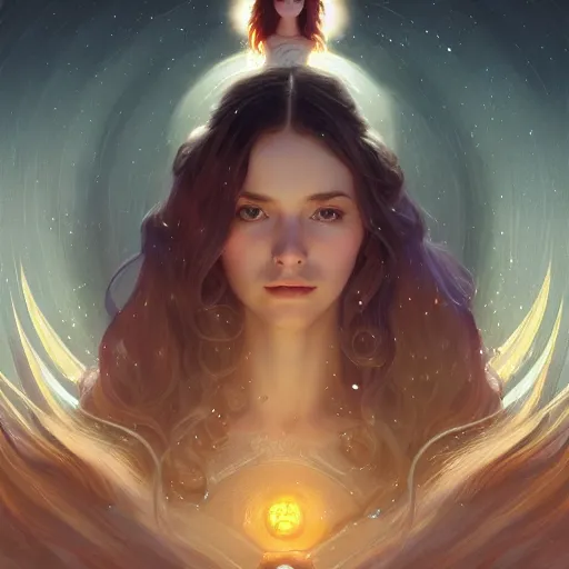 Image similar to aurora, girl with super long hair, hair becoming bright stars, intricate, highly detailed, digital painting, artstation, concept art, smooth, sharp focus, illustration, unreal engine 5, 8 k, art by artgerm and greg rutkowski and alphonse mucha