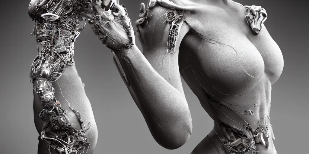 Image similar to hyper realistic photography of a stunningly beautiful cyborg female, elbow, intimate, holding close, in the style of beth cavener, jin kagetsu, wlop, highly detailed, intricate filigree, symmetry, masterpiece,, concept art, highkey lighting, ambient lighting, octane render, 8 k, artstation