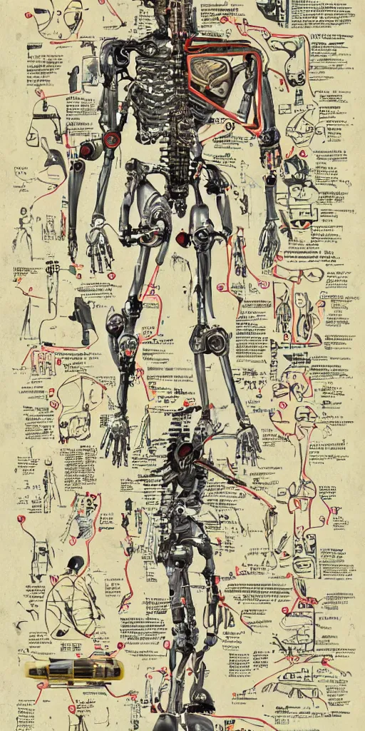 Image similar to anatomy of the terminator, robot, cyborg, t100, diagrams, map, marginalia, sketchbook, old script, inhabited initials, pastel infographic by Wes Anderson and victo ngai