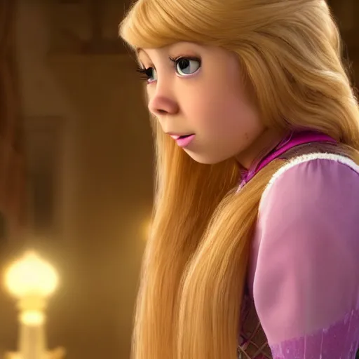 Image similar to Jennette McCurdy as Rapunzel in disney tangled live action, 8k full HD photo, cinematic lighting, anatomically correct, oscar award winning, action filled, correct eye placement,