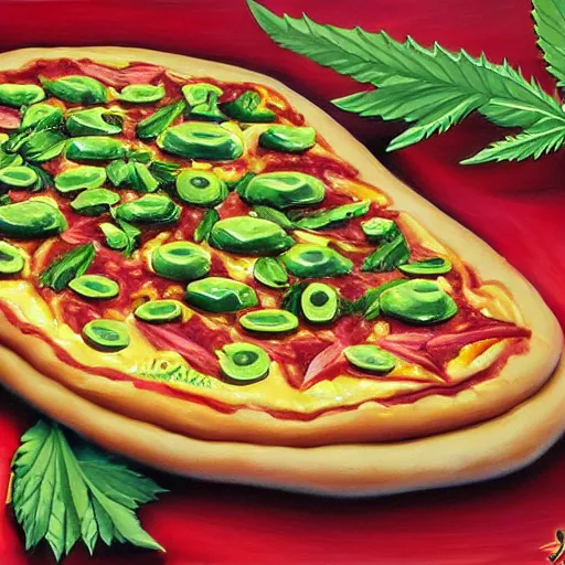 Image similar to Marijuana pizza, photorealistic painting