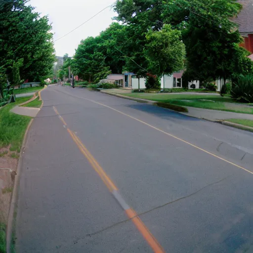 Image similar to a photograph of a suburban street during summer, 2 0 0 6, taken with a disposable camera