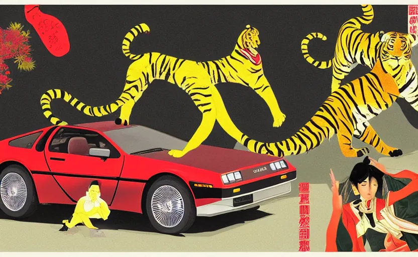 Image similar to a red delorean and a yellow tiger, painting by hsiao - ron cheng & utagawa kunisada, magazine collage style,