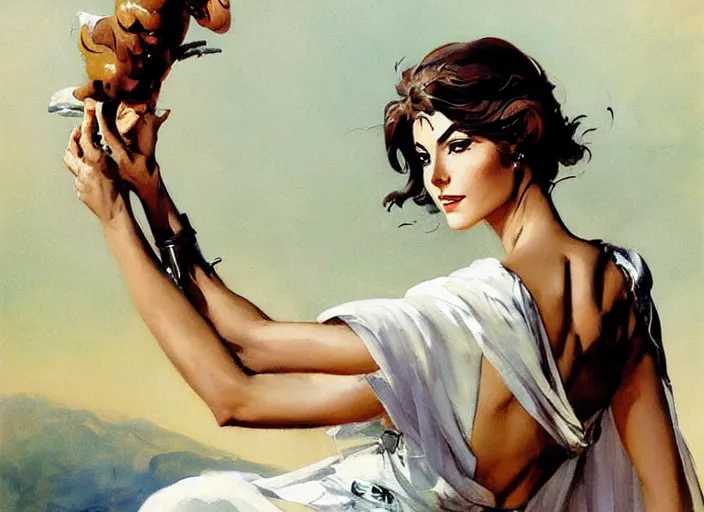 Prompt: beautiful painting of a beautiful woman with white linen with greece in the background by yoji shinkawa frank frazetta, charlie bowater, magali villeneuve, j. c. leyendecker,