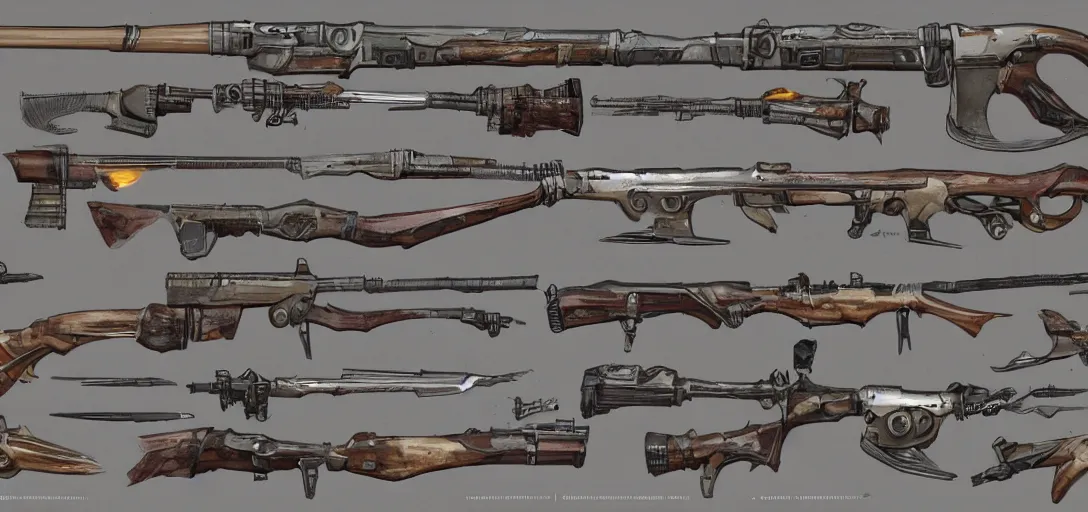 Prompt: Concept art of Fallout 4 weapons
