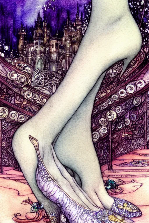 Image similar to closeup foot shot of cinderella crystal slipper, fantasy art, trending on artstation, sleeping beauty fairytale, art by luis royo and walter crane and kay nielsen, watercolor illustration,