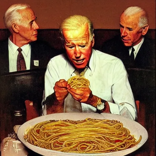 Image similar to joe biden eating a bowl of spaghetti, norman rockwell