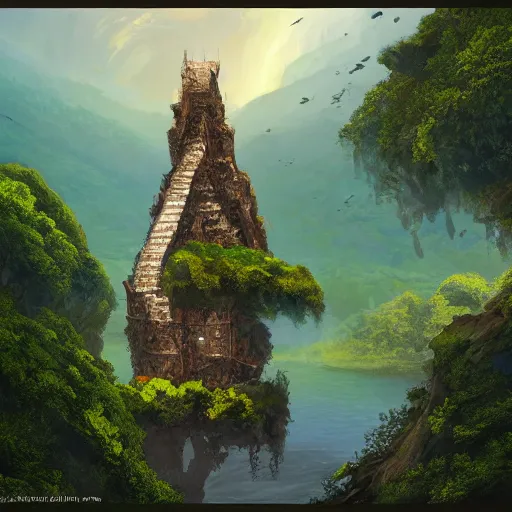 Image similar to Flying island with stone tower and a lot of jungle trees , 8k, detailed, concept art, trending on artstation