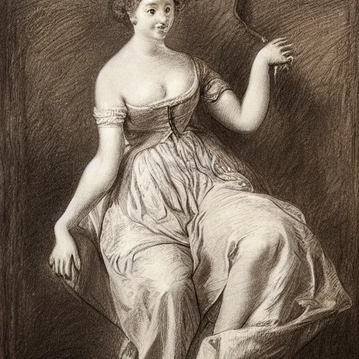 Image similar to Drawing of a woman, full body, clothed, François Boucher, red chalk, watteau