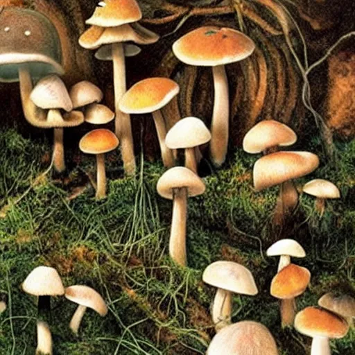 Image similar to mushrooms are the actual flying saucers, hallucination, psychedelics, dreamy, groovy, modern,