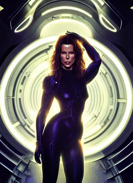 Image similar to symmetry!! portrait of kate beckinsale, sci - fi, tech wear, glowing lights!! intricate, elegant, highly detailed, digital painting, artstation, concept art, smooth, sharp focus, illustration, art by artgerm and greg rutkowski and alphonse mucha