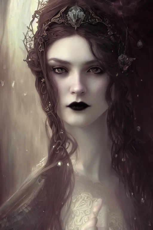 Prompt: beautiful and gothic and victorian young medieval princess portrait, smoky eyes+front face with light flowing hair, ultradetail face, art and illustration by tian zi and craig mullins and WLOP and alphonse mucha, fantasy, intricate complexity, human structure, human anatomy, fantasy character concept, watermark, blurry, hyperrealism 8k