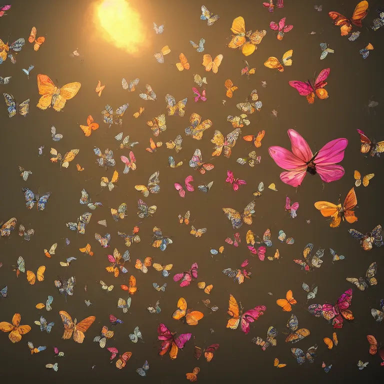 Prompt: a flower consisting of different butterflies in a beautiful fantasy world, trending on artstation, warm light, fantasy art, 8 k resolution, highly detailed