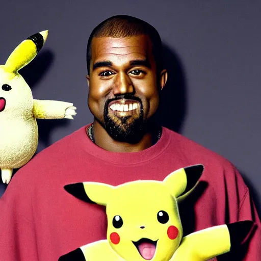 Prompt: Kanye West smiling and holding pikachu for a 1990s sitcom tv show, Studio Photograph, portrait C 12.0