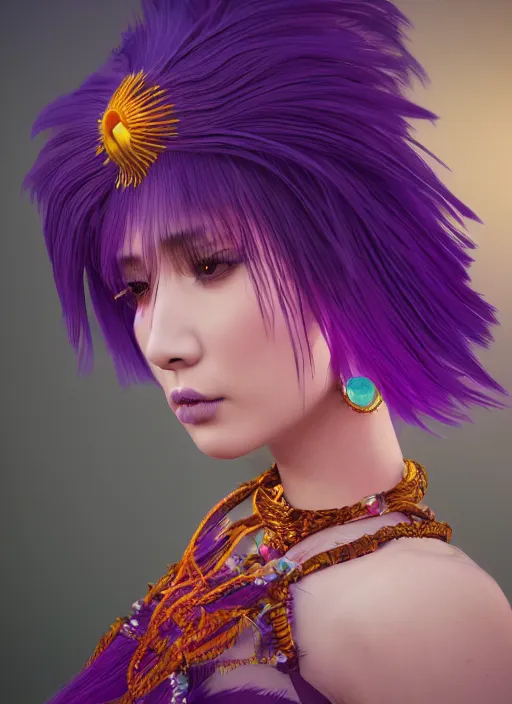 Prompt: closeup photoshoot of a asian goddess of bliss and honey, purple feathers hair, silk flowing in wind, totemic, ritualistic, tarot sigils embedded in ruby skin, photoreal, unreal engine, redshift render, trending on artstation