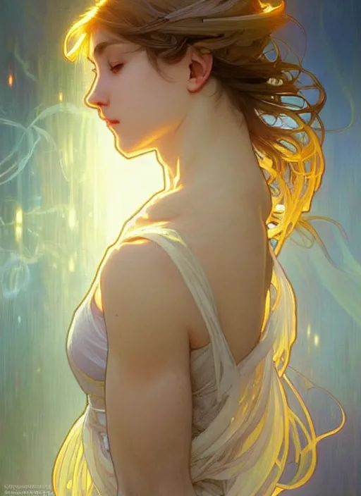 Image similar to a digital concept art by artgerm and greg rutkowski and alphonse mucha. clear portrait of a young wife blessed by god to uncontrollably become overwhelmingly perfect!! blonde, clothes, divine body!! light effect. hyper detailed, character concept, glowing lights!! intricate, elegant, digital painting, artstation, smooth, sharp focus