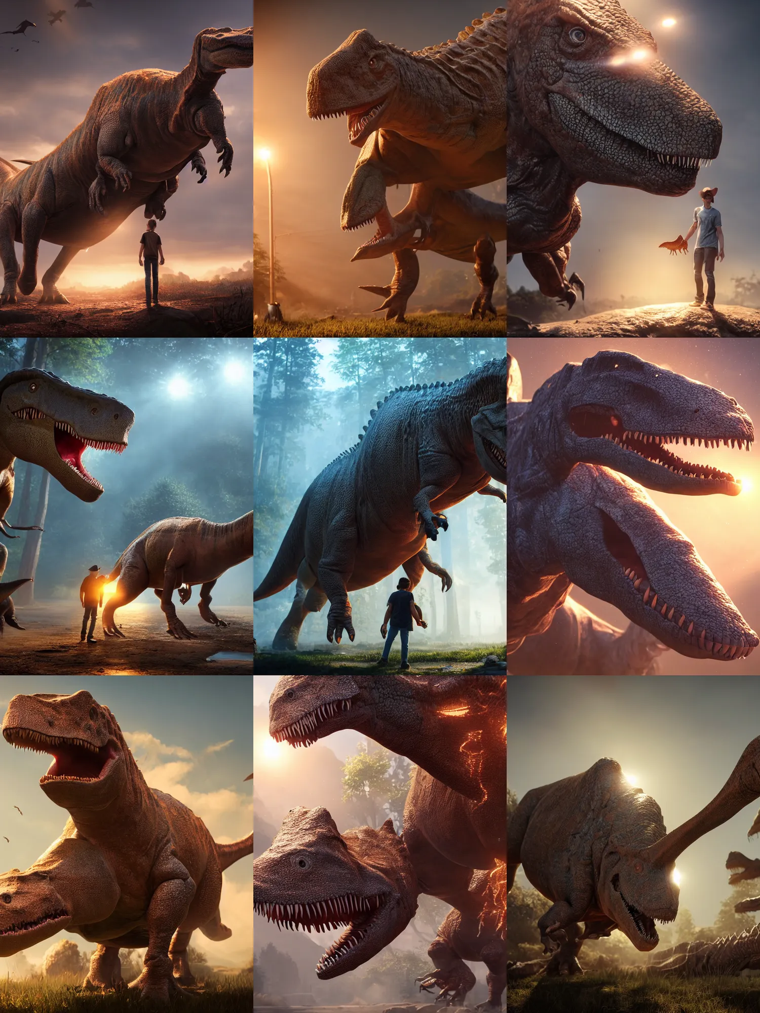 Prompt: young man with long brown wearing a dinosaur, ultra realistic, lens flare, atmosphere, glow, detailed, intricate, full of colour, cinematic lighting, trending on artstation, 4 k, hyperrealistic, focused, extreme details, unreal engine 5, cinematic, masterpiece