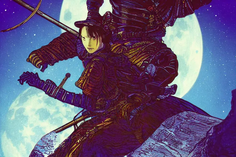 Image similar to young samurai trained by the chasm, in the style of frank paul and patrick woodroffe and roy krenkel, trending on artstation, moon light closeup view film poster, inverted colors, telephoto lens, macro lens, atelier populaire