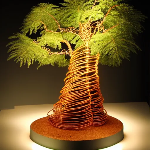 Prompt: Elaborate realistic model of a sequoia made of wire sitting on a professionally illuminated display table